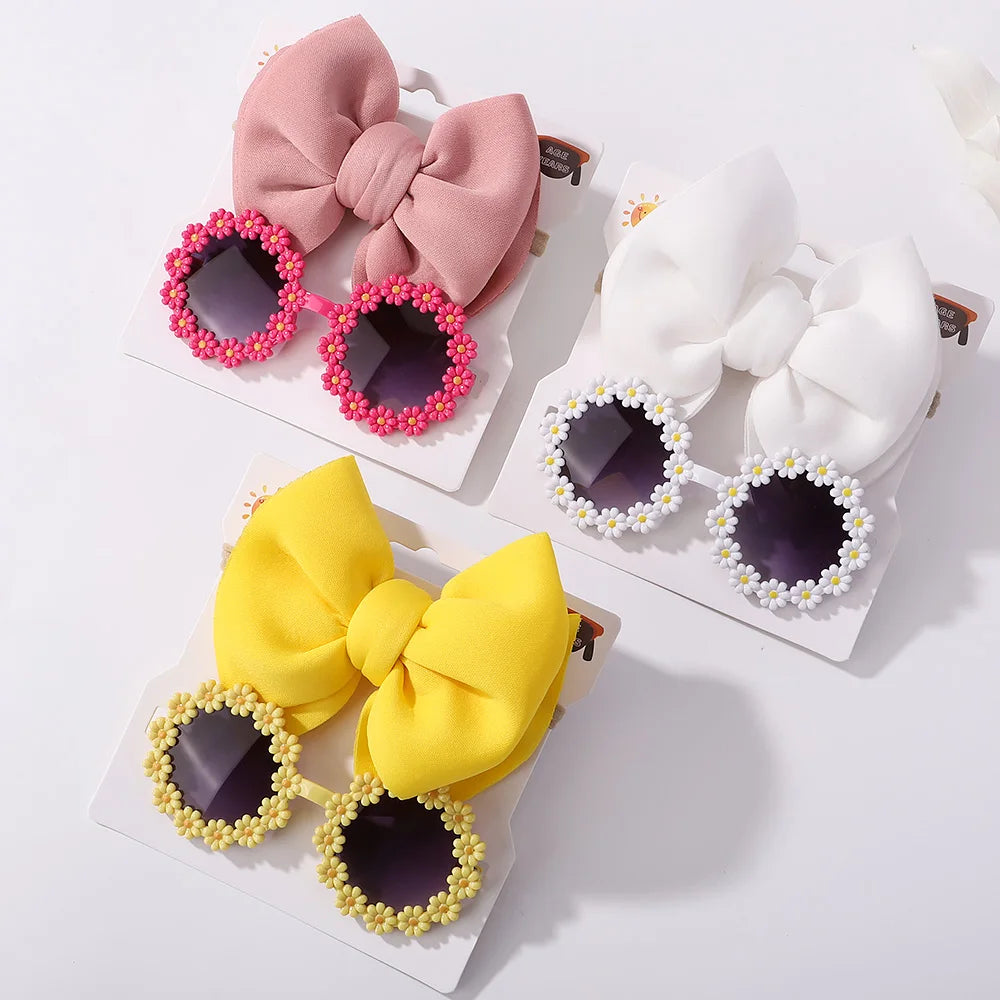Nylon Bow Headband for Newborn Sunglasses Headwear Set