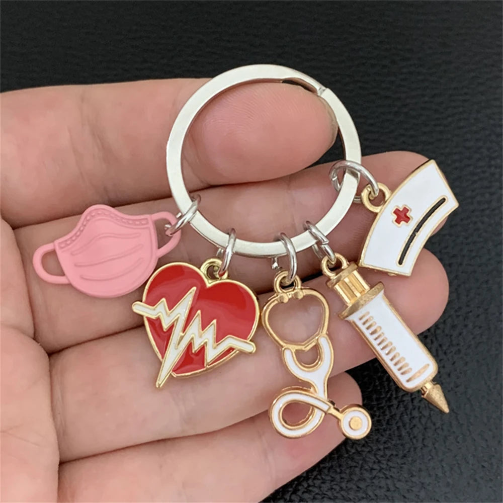 Simple Medical Series Keychains Metal Syringe Stethoscope Mask Nurse Cap Key Holder Accessories For Doctor Graduate Gift