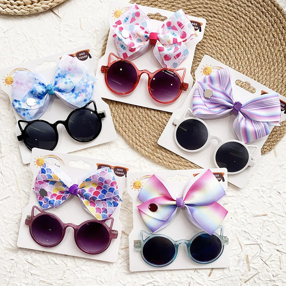 Nylon Bow Headband for Newborn Sunglasses Headwear Set