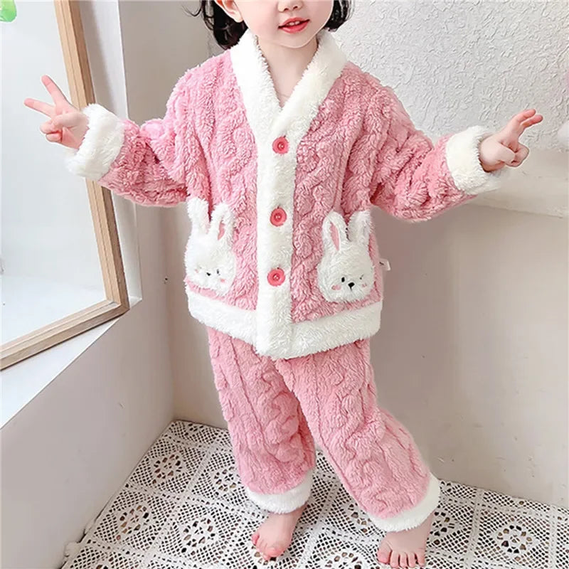 Children Pajamas 2 Piece Set Thick Flannel Fleece