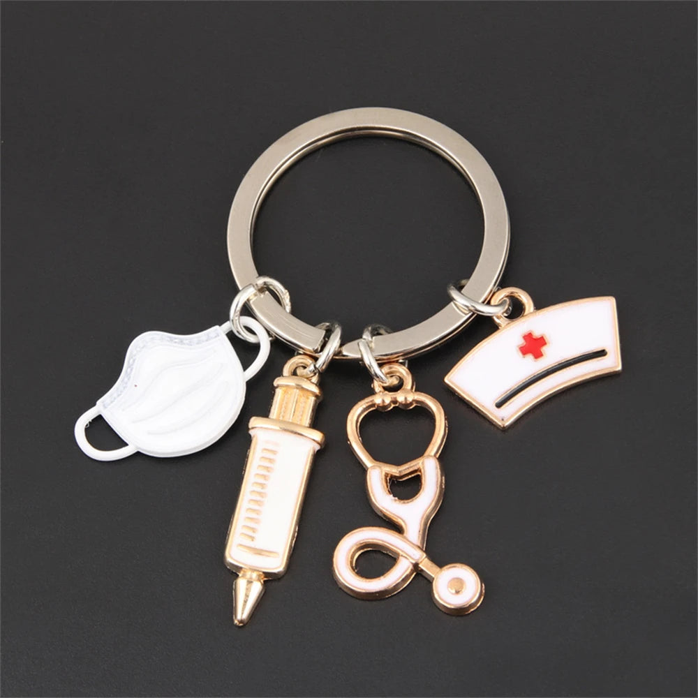 Simple Medical Series Keychains Metal Syringe Stethoscope Mask Nurse Cap Key Holder Accessories For Doctor Graduate Gift