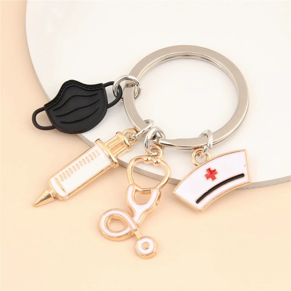 Simple Medical Series Keychains Metal Syringe Stethoscope Mask Nurse Cap Key Holder Accessories For Doctor Graduate Gift