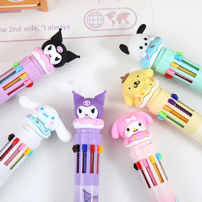 Sanrio 10-Color Ballpoint Pen Set - Kuromi Hello Kitty Cinnamoroll Kawaii 0.7mm Gel Pens for School Office