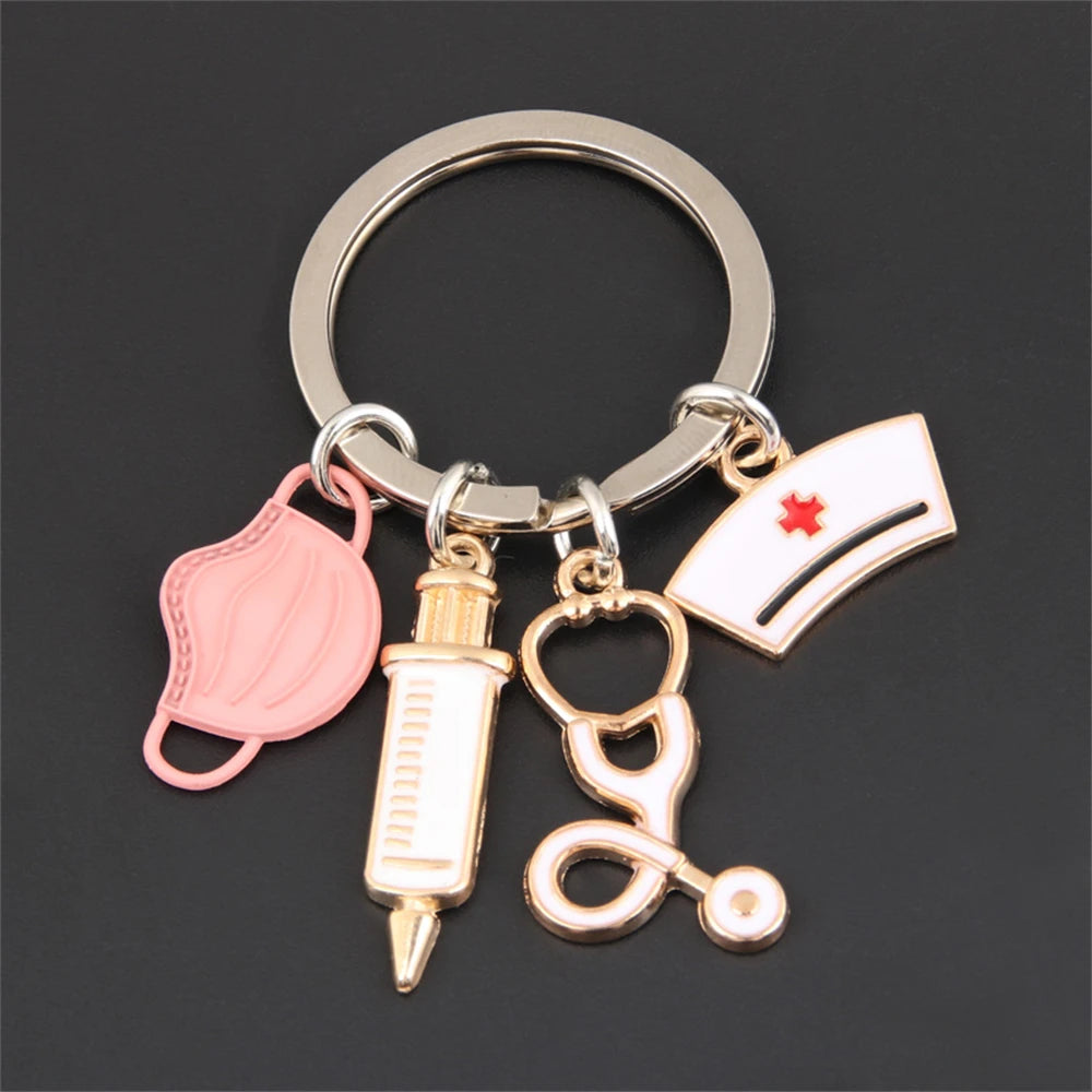 Simple Medical Series Keychains Metal Syringe Stethoscope Mask Nurse Cap Key Holder Accessories For Doctor Graduate Gift