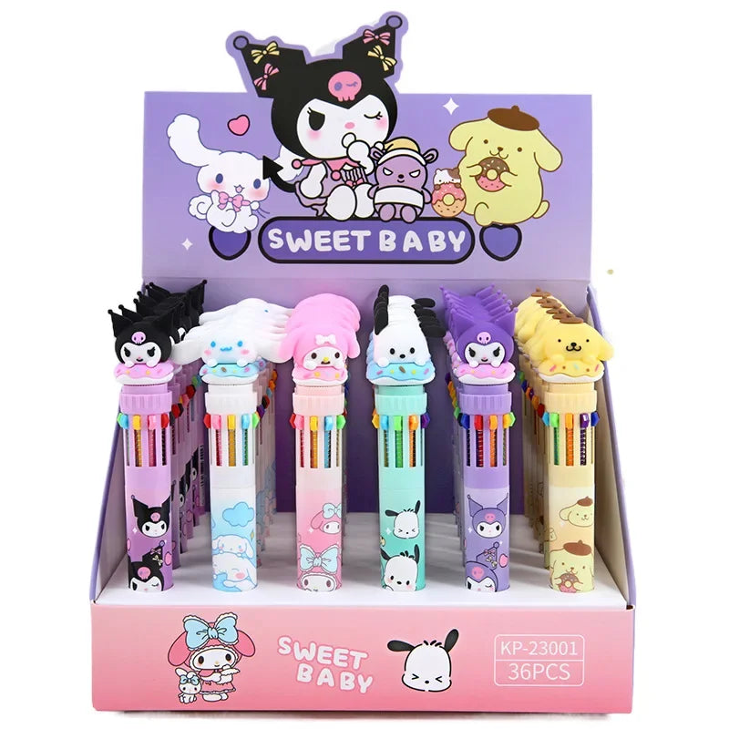 Sanrio 10-Color Ballpoint Pen Set - Kuromi Hello Kitty Cinnamoroll Kawaii 0.7mm Gel Pens for School Office