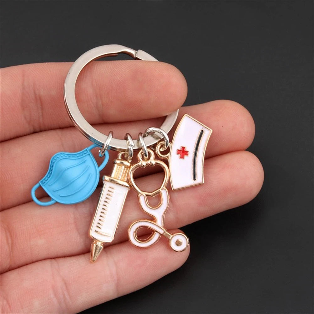 Simple Medical Series Keychains Metal Syringe Stethoscope Mask Nurse Cap Key Holder Accessories For Doctor Graduate Gift