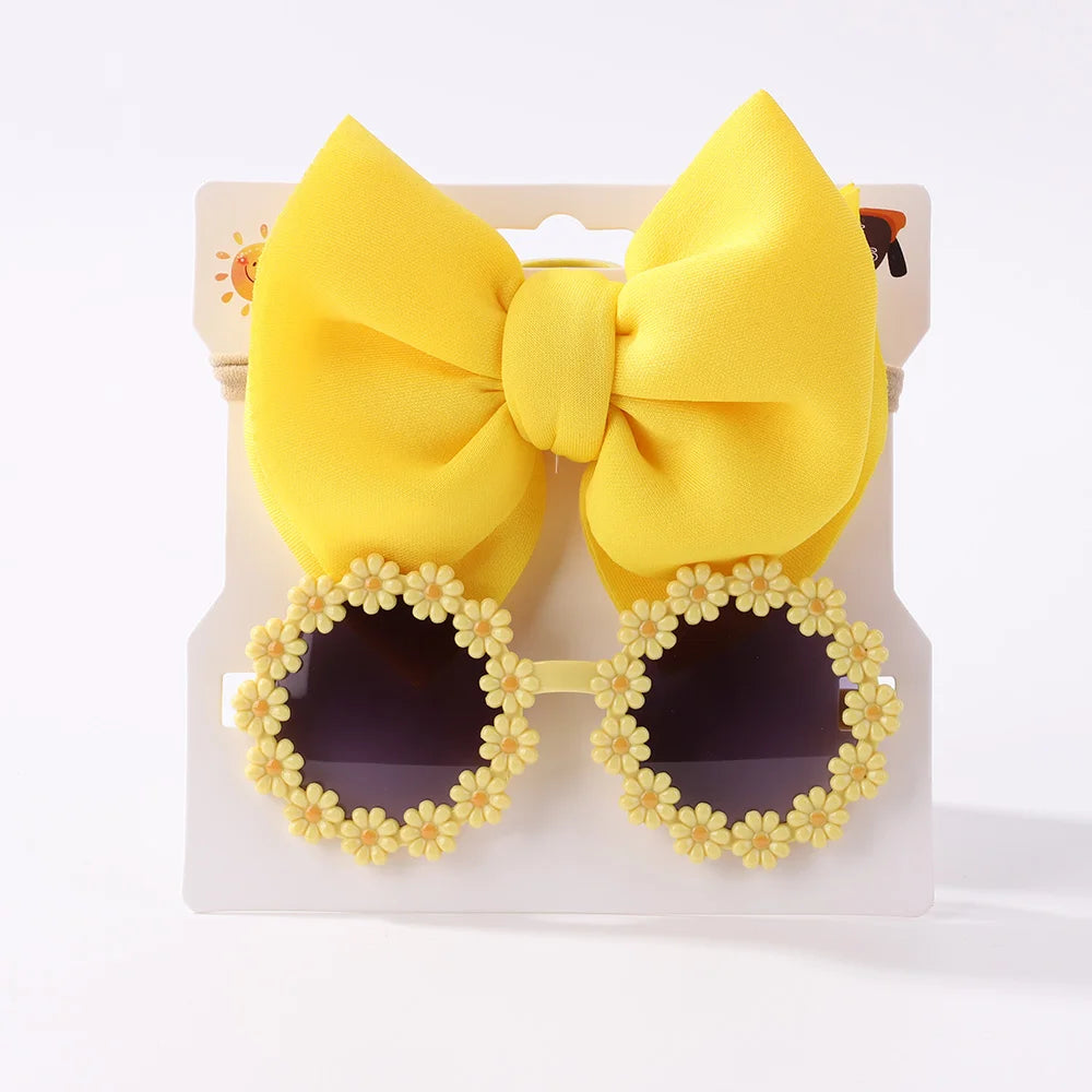 Nylon Bow Headband for Newborn Sunglasses Headwear Set