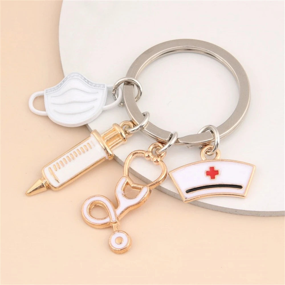 Simple Medical Series Keychains Metal Syringe Stethoscope Mask Nurse Cap Key Holder Accessories For Doctor Graduate Gift