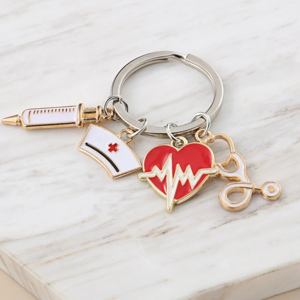Simple Medical Series Keychains Metal Syringe Stethoscope Mask Nurse Cap Key Holder Accessories For Doctor Graduate Gift