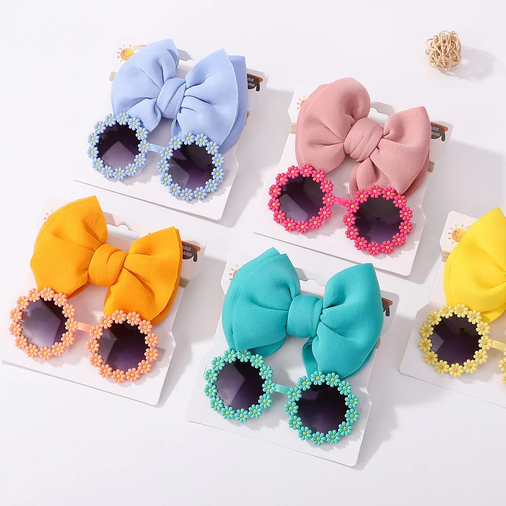 Nylon Bow Headband for Newborn Sunglasses Headwear Set