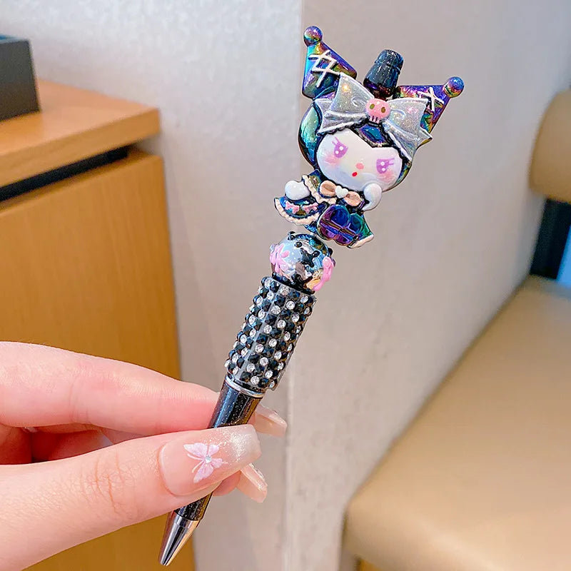 Sanrio Kuromi Ballpoint Pen Crystal Flash Diamond Rotating Neutral Pen Black Cute Girl Dreamy Cartoon Hello Kitty Pearl Pen