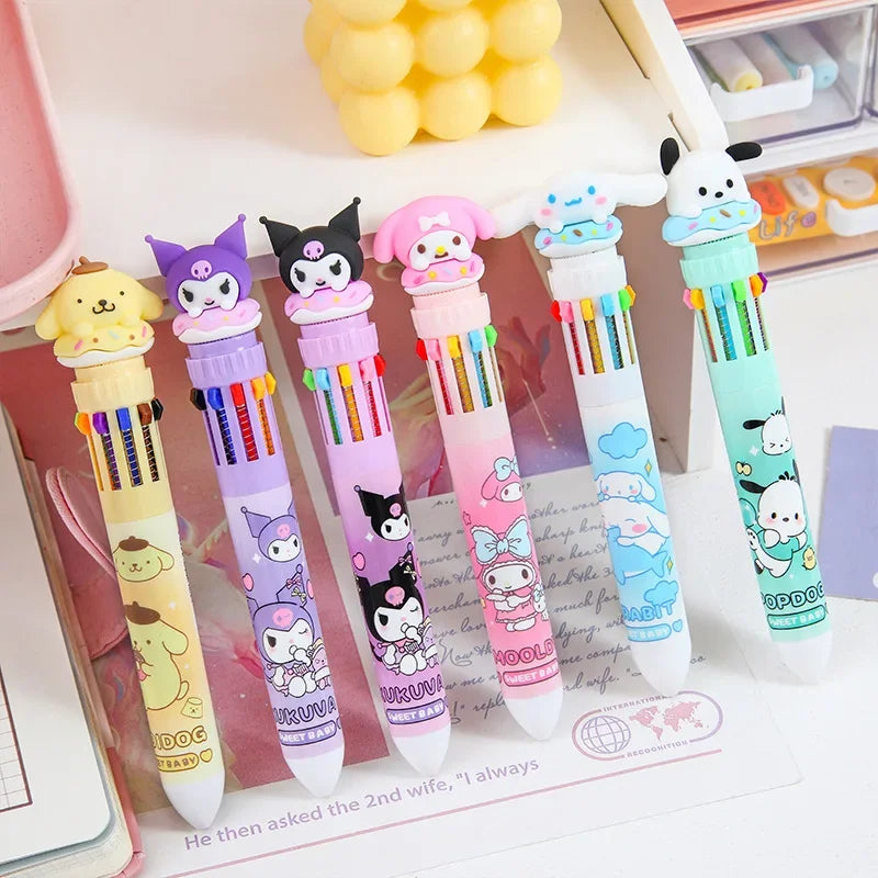 Sanrio 10-Color Ballpoint Pen Set - Kuromi Hello Kitty Cinnamoroll Kawaii 0.7mm Gel Pens for School Office