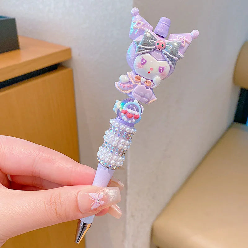 Sanrio Kuromi Ballpoint Pen Crystal Flash Diamond Rotating Neutral Pen Black Cute Girl Dreamy Cartoon Hello Kitty Pearl Pen