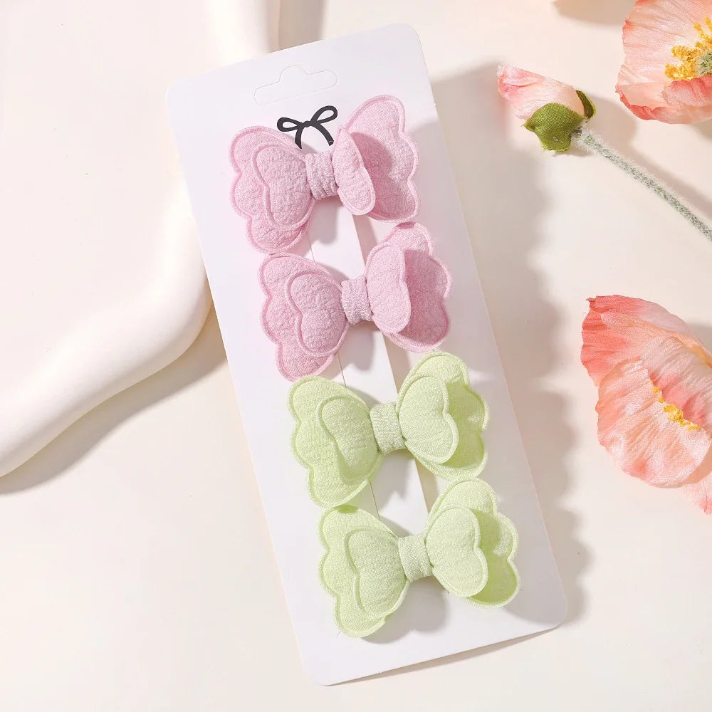 4Pcs/set Candy Colored Hair Clip Set for Girls Double Layered Bow Cute Bangs Hair Pin Cotton Safe Children's Hair Accessories