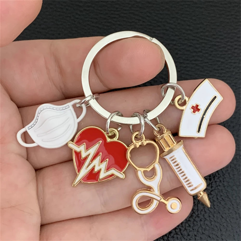 Simple Medical Series Keychains Metal Syringe Stethoscope Mask Nurse Cap Key Holder Accessories For Doctor Graduate Gift