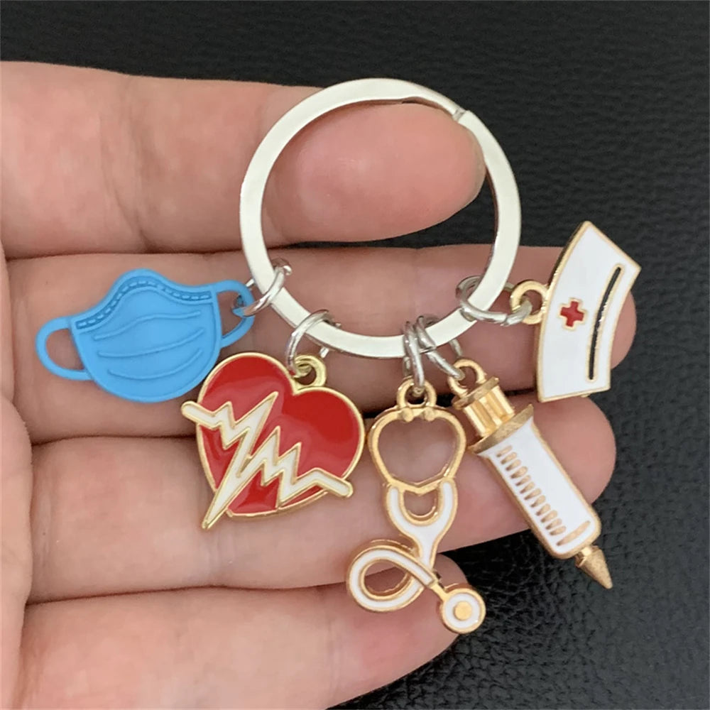Simple Medical Series Keychains Metal Syringe Stethoscope Mask Nurse Cap Key Holder Accessories For Doctor Graduate Gift