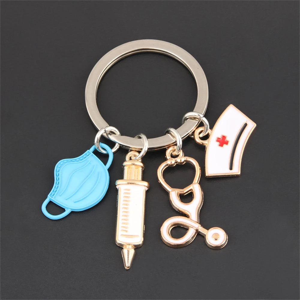 Simple Medical Series Keychains Metal Syringe Stethoscope Mask Nurse Cap Key Holder Accessories For Doctor Graduate Gift