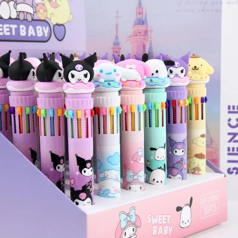 Sanrio 10-Color Ballpoint Pen Set - Kuromi Hello Kitty Cinnamoroll Kawaii 0.7mm Gel Pens for School Office