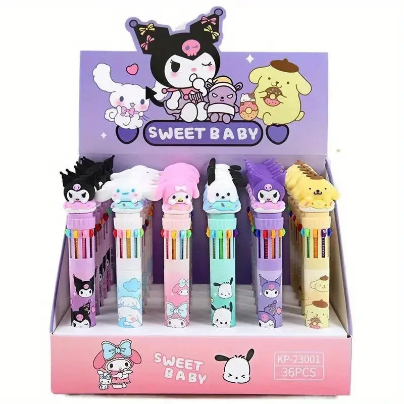 Sanrio 10-Color Ballpoint Pen Set - Kuromi Hello Kitty Cinnamoroll Kawaii 0.7mm Gel Pens for School Office