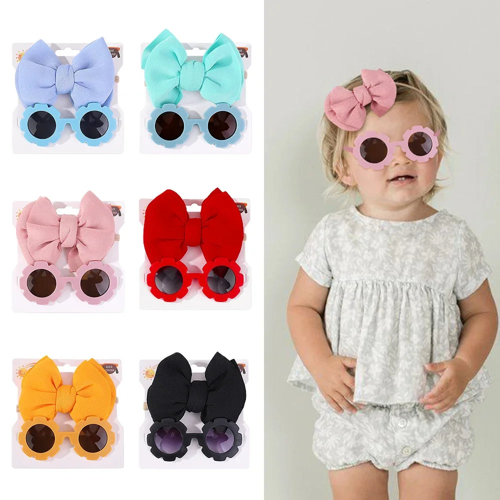 Nylon Bow Headband for Newborn Sunglasses Headwear Set