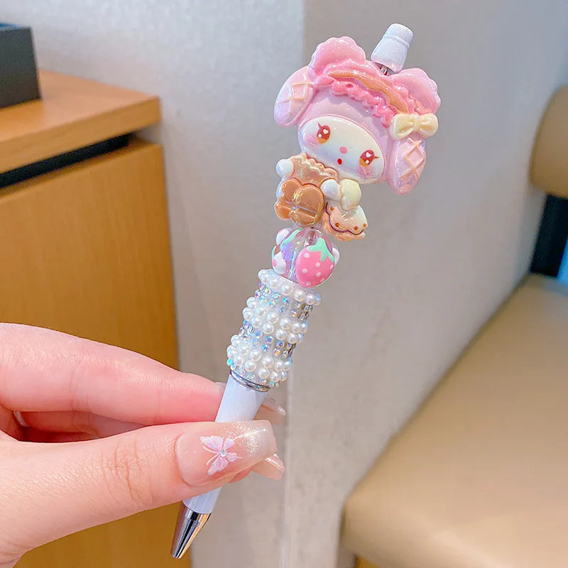Sanrio Kuromi Ballpoint Pen Crystal Flash Diamond Rotating Neutral Pen Black Cute Girl Dreamy Cartoon Hello Kitty Pearl Pen
