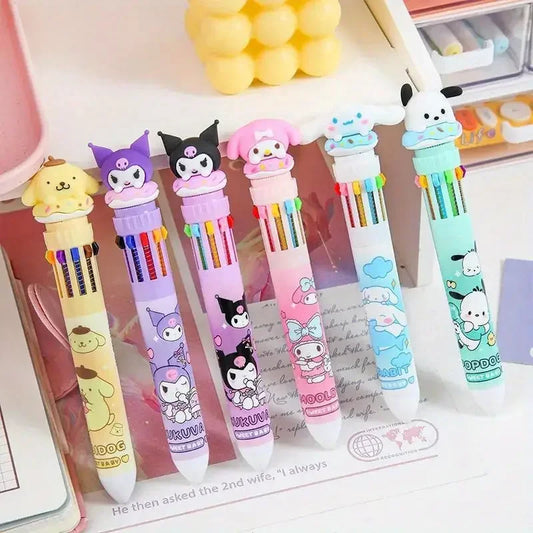 Sanrio 10-Color Ballpoint Pen Set - Kuromi Hello Kitty Cinnamoroll Kawaii 0.7mm Gel Pens for School Office