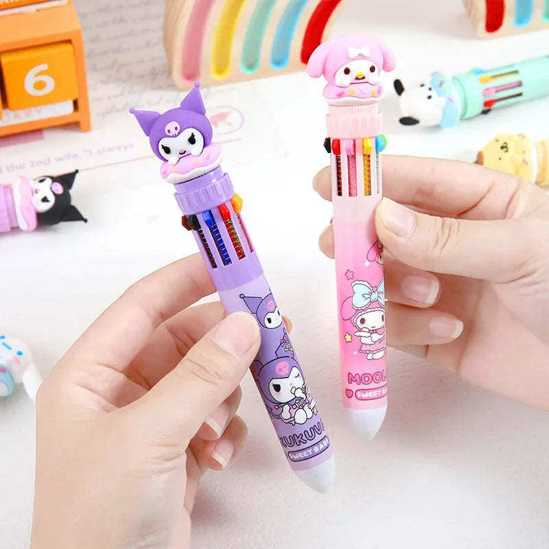 Sanrio 10-Color Ballpoint Pen Set - Kuromi Hello Kitty Cinnamoroll Kawaii 0.7mm Gel Pens for School Office