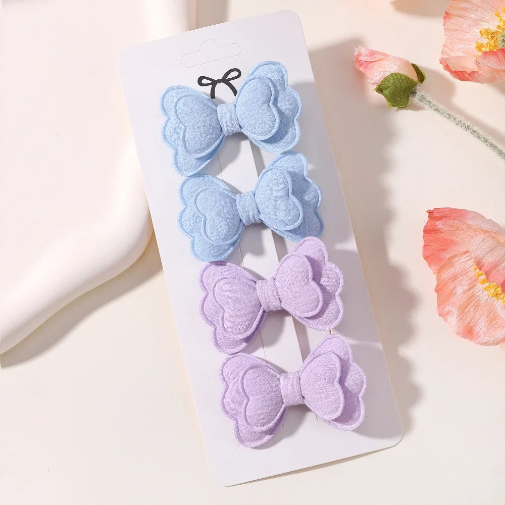 4Pcs/set Candy Colored Hair Clip Set for Girls Double Layered Bow Cute Bangs Hair Pin Cotton Safe Children's Hair Accessories