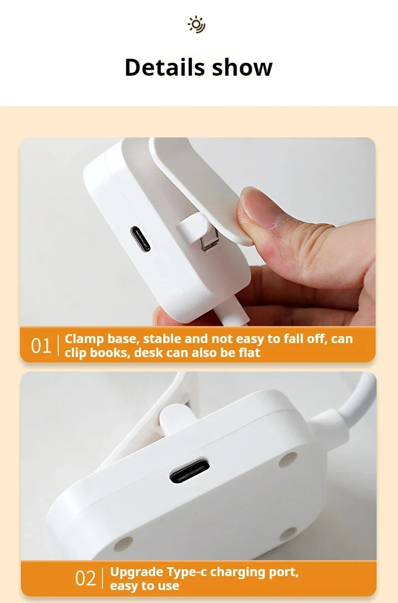 Led Table Lamp USB Rechargeable Night Light With Folding Clamp