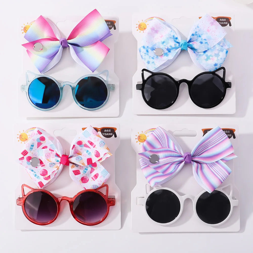 Nylon Bow Headband for Newborn Sunglasses Headwear Set