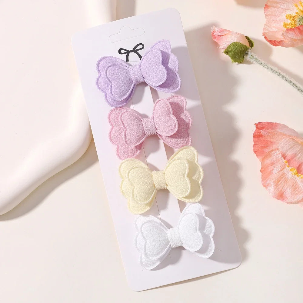 4Pcs/set Candy Colored Hair Clip Set for Girls Double Layered Bow Cute Bangs Hair Pin Cotton Safe Children's Hair Accessories