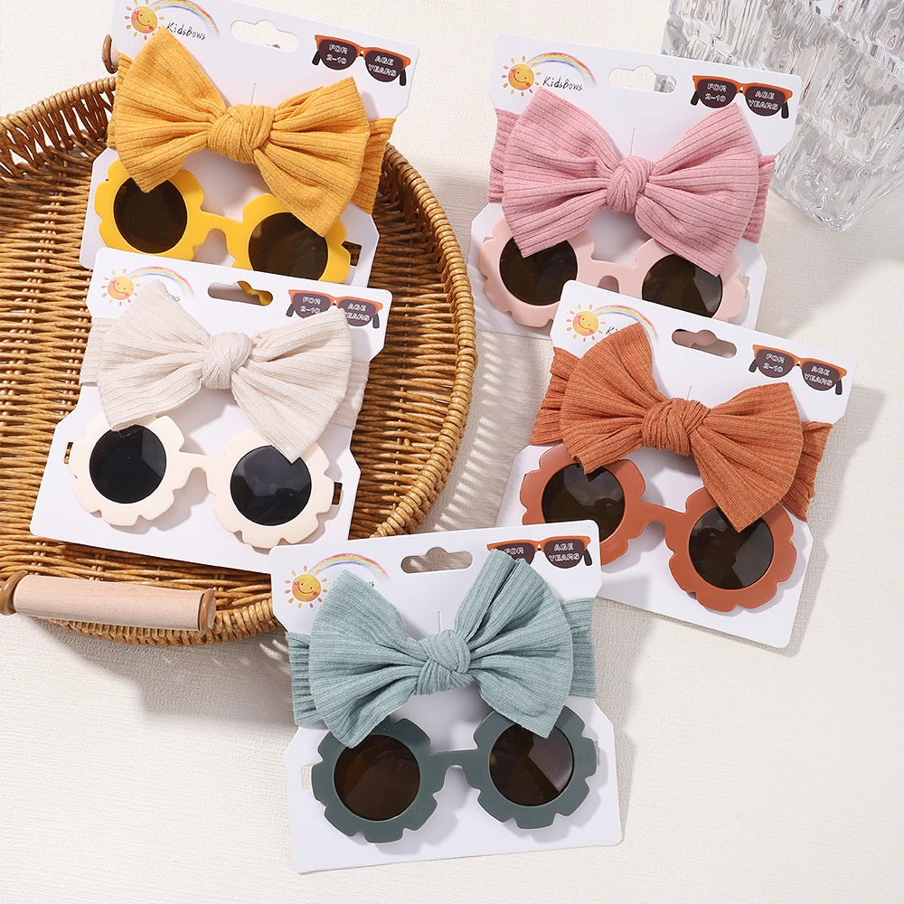 Nylon Bow Headband for Newborn Sunglasses Headwear Set