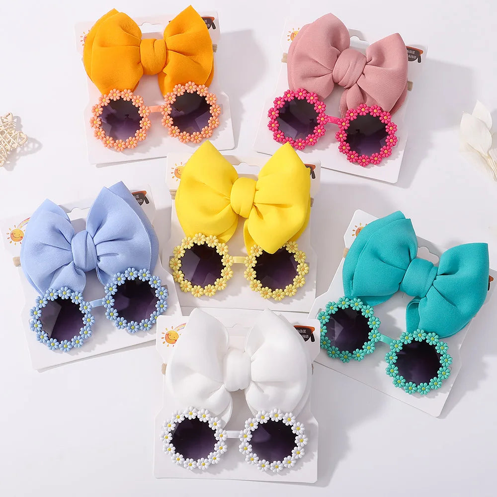 Nylon Bow Headband for Newborn Sunglasses Headwear Set