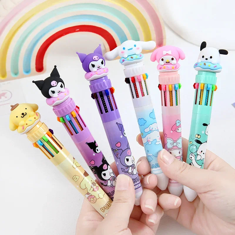 Sanrio 10-Color Ballpoint Pen Set - Kuromi Hello Kitty Cinnamoroll Kawaii 0.7mm Gel Pens for School Office