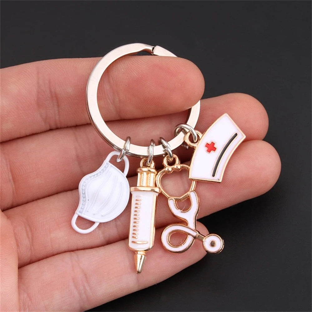 Simple Medical Series Keychains Metal Syringe Stethoscope Mask Nurse Cap Key Holder Accessories For Doctor Graduate Gift
