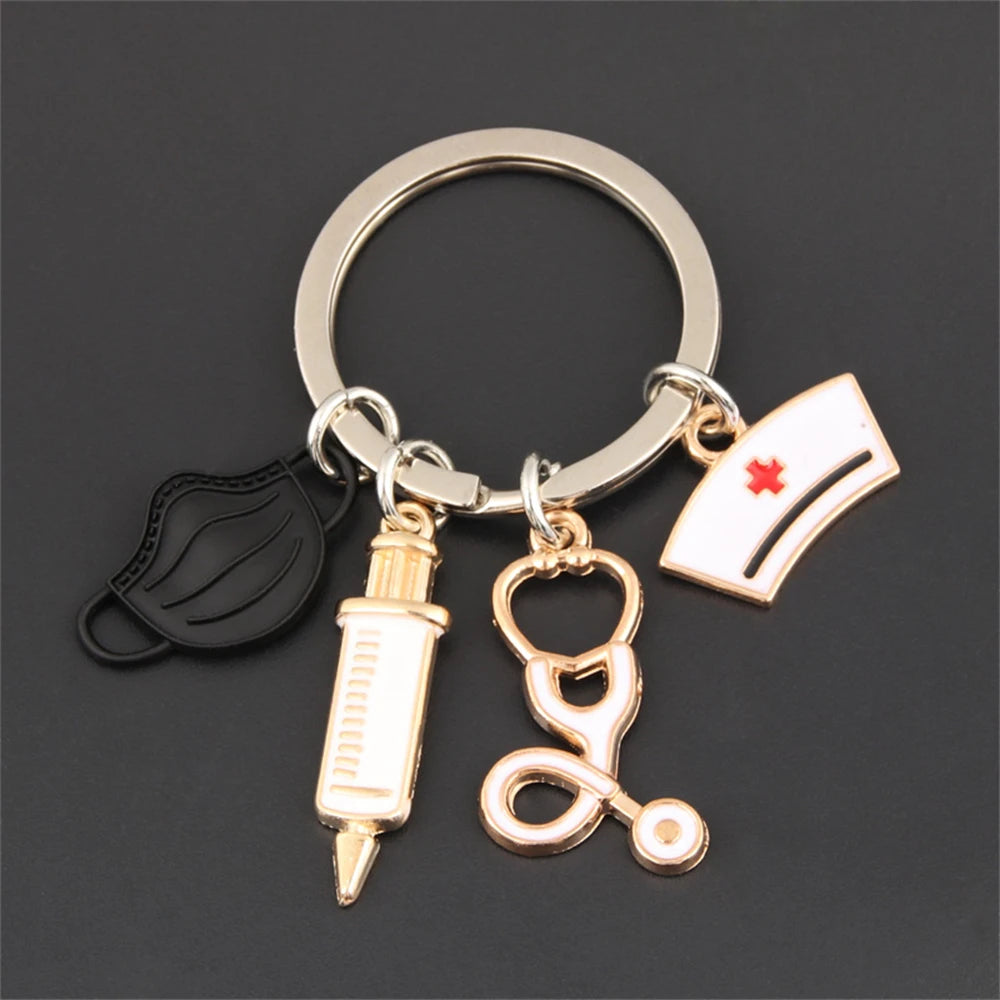 Simple Medical Series Keychains Metal Syringe Stethoscope Mask Nurse Cap Key Holder Accessories For Doctor Graduate Gift