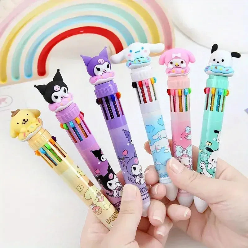 Sanrio 10-Color Ballpoint Pen Set - Kuromi Hello Kitty Cinnamoroll Kawaii 0.7mm Gel Pens for School Office