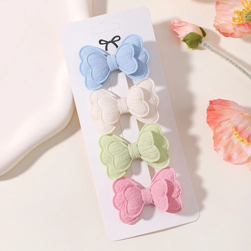 4Pcs/set Candy Colored Hair Clip Set for Girls Double Layered Bow Cute Bangs Hair Pin Cotton Safe Children's Hair Accessories