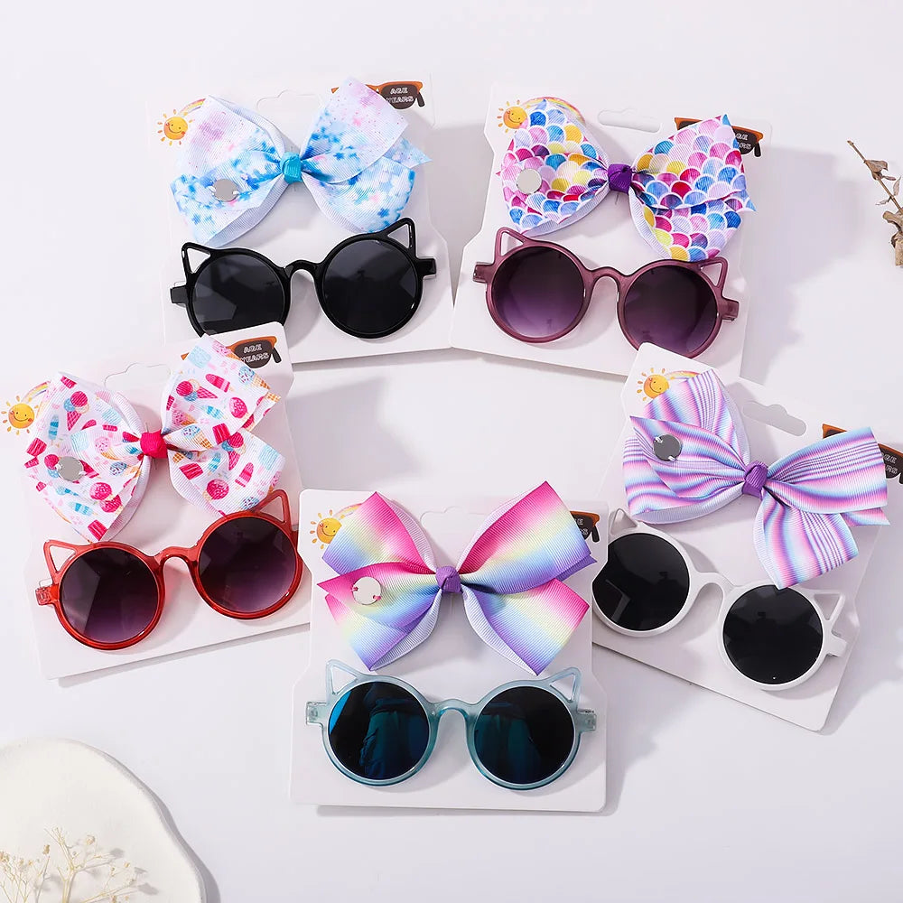 Nylon Bow Headband for Newborn Sunglasses Headwear Set