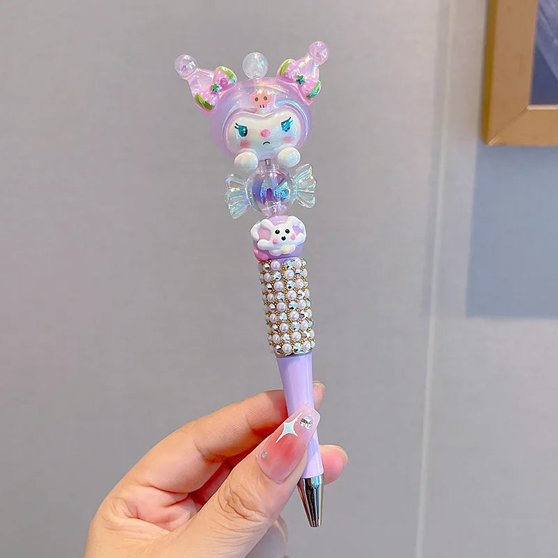 Sanrio Kuromi Ballpoint Pen Crystal Flash Diamond Rotating Neutral Pen Black Cute Girl Dreamy Cartoon Hello Kitty Pearl Pen