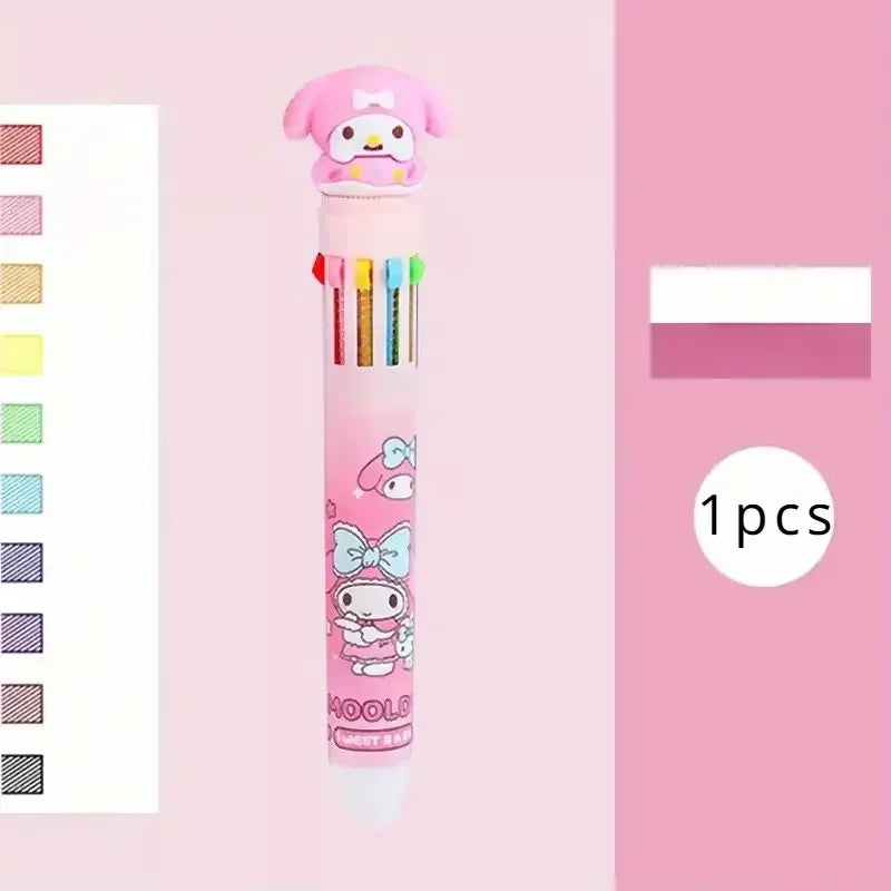 Sanrio 10-Color Ballpoint Pen Set - Kuromi Hello Kitty Cinnamoroll Kawaii 0.7mm Gel Pens for School Office