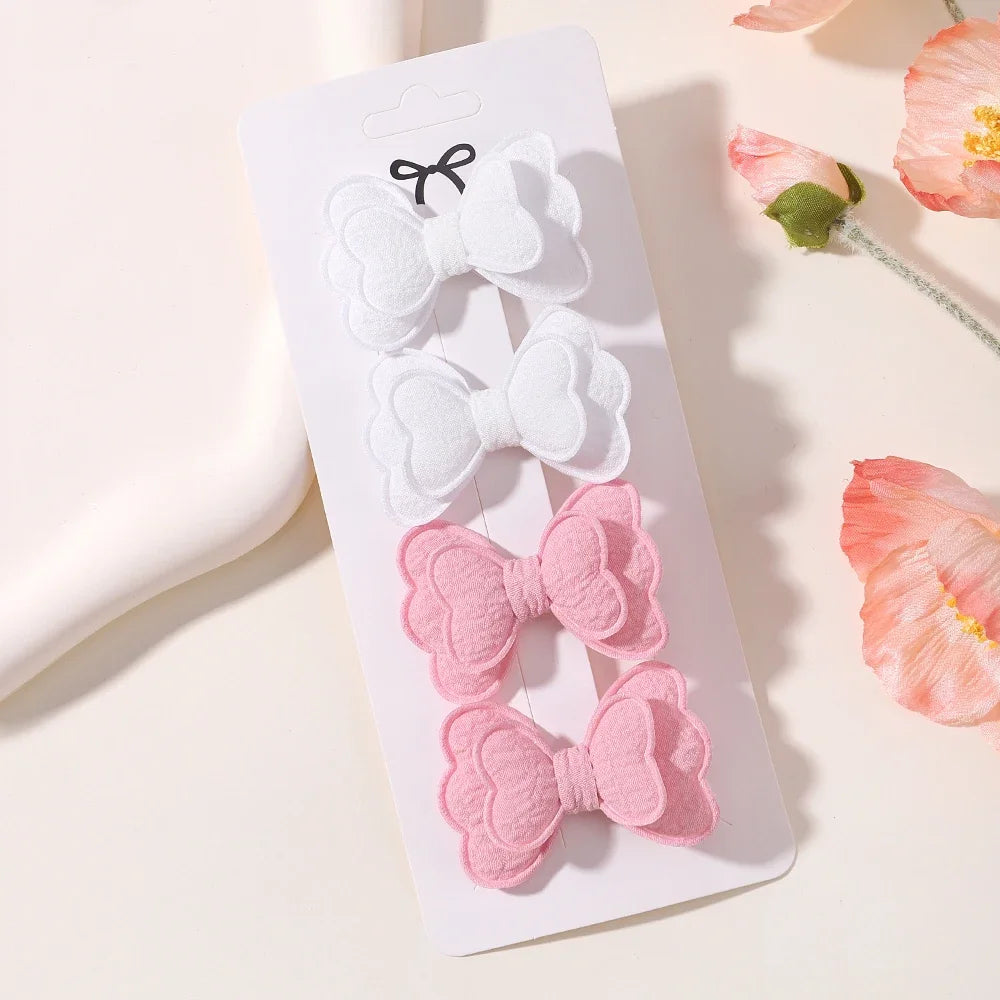 4Pcs/set Candy Colored Hair Clip Set for Girls Double Layered Bow Cute Bangs Hair Pin Cotton Safe Children's Hair Accessories