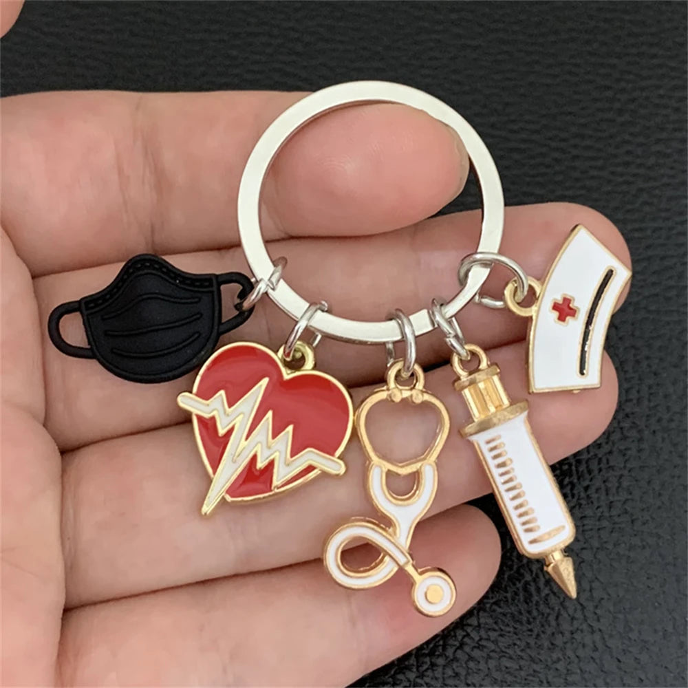 Simple Medical Series Keychains Metal Syringe Stethoscope Mask Nurse Cap Key Holder Accessories For Doctor Graduate Gift