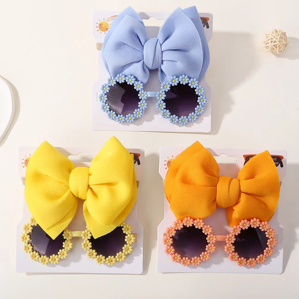 Nylon Bow Headband for Newborn Sunglasses Headwear Set