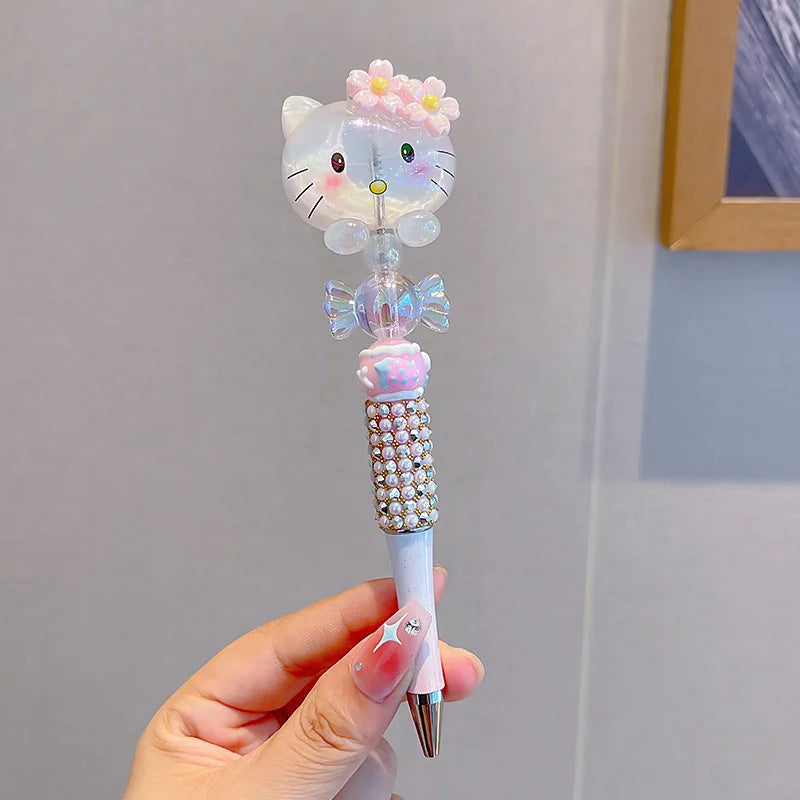 Sanrio Kuromi Ballpoint Pen Crystal Flash Diamond Rotating Neutral Pen Black Cute Girl Dreamy Cartoon Hello Kitty Pearl Pen