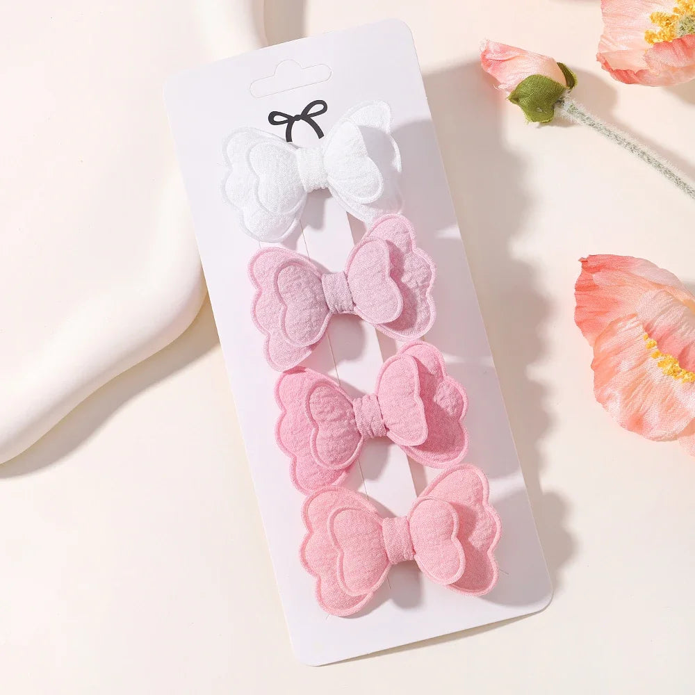 4Pcs/set Candy Colored Hair Clip Set for Girls Double Layered Bow Cute Bangs Hair Pin Cotton Safe Children's Hair Accessories