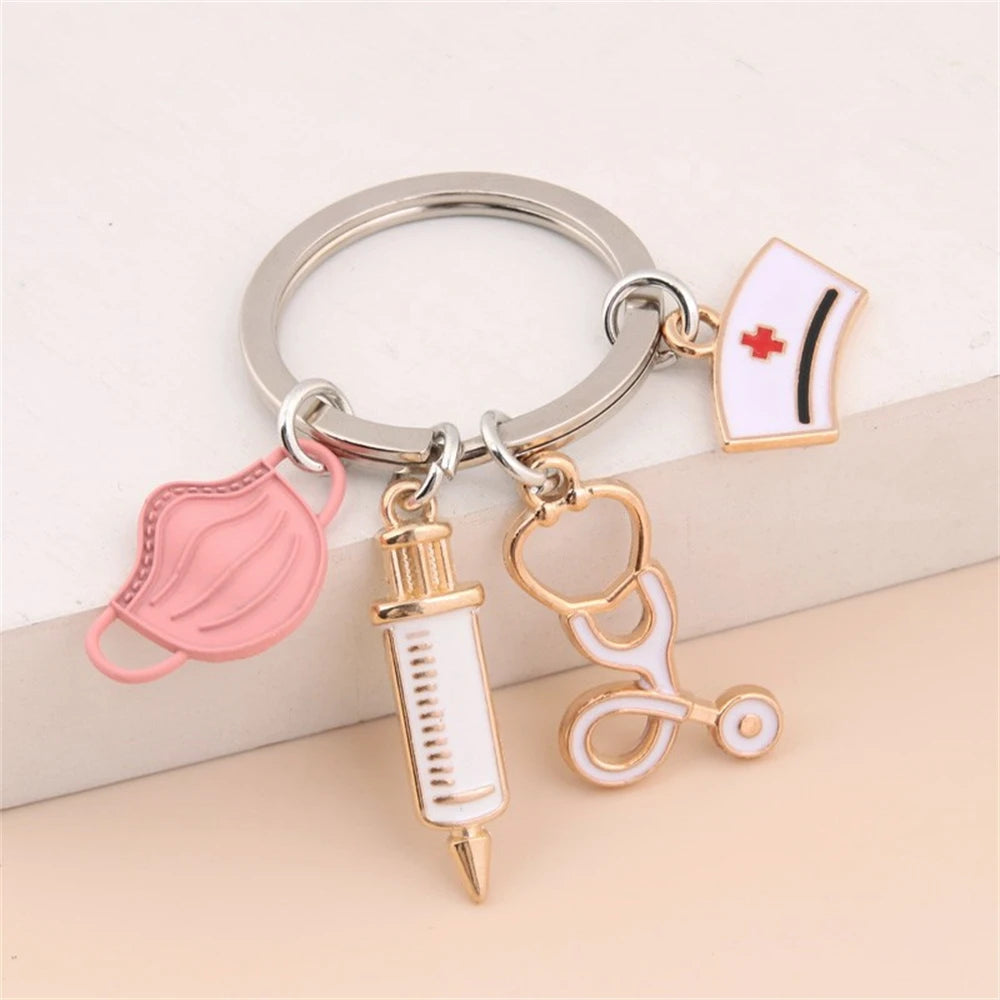 Simple Medical Series Keychains Metal Syringe Stethoscope Mask Nurse Cap Key Holder Accessories For Doctor Graduate Gift