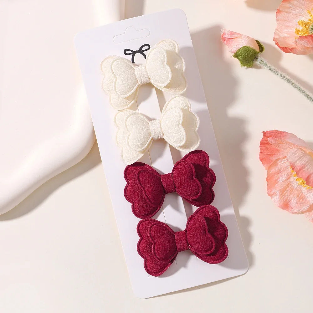 4Pcs/set Candy Colored Hair Clip Set for Girls Double Layered Bow Cute Bangs Hair Pin Cotton Safe Children's Hair Accessories